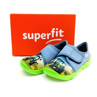 superfit Jungen Klett-Hausschuh blau-grün, Traktor