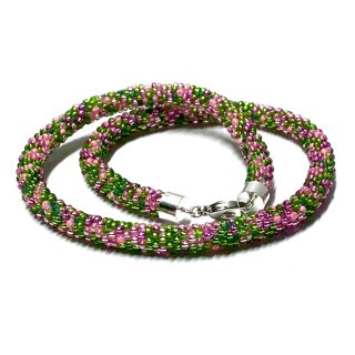 Halskette gehäkelt Glasperlen 925 Silber Schließe Handarbeit Unikatschmuck Häkelkette 46cm grün pink