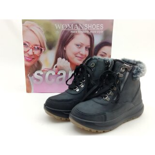 scandi Damen Knöchelschuh schwarz, kleiner Fellrand, Schnürung und Reißverschluss