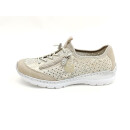 Rieker Damen Slipper mit Stretch Zierschnürung und Zierreißverschluss beige kombi