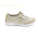 Rieker Damen Slipper mit Stretch Zierschnürung und Zierreißverschluss beige kombi