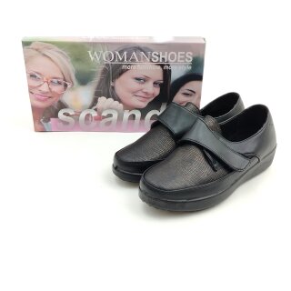 scandi Damen Klett Halbschuh schwarz mit Muster, leichtes Warmfutter