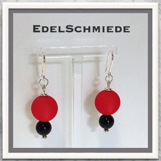 Edelschmiede925 Rot / Schwarz, Ohrringe mit Acrylperle und Onyx