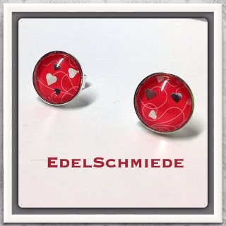 Edelschmiede925 Ohrstecker 925/-  Glascabochon 10 mm Herz auf rot