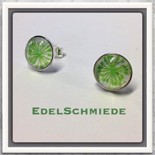 Edelschmiede925 Ohrstecker 925/-  Glascabochon 10 mm grüne Blüte