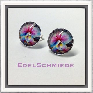 Edelschmiede925 Ohrstecker 925 Silber mit Glascabochon - Orchidee