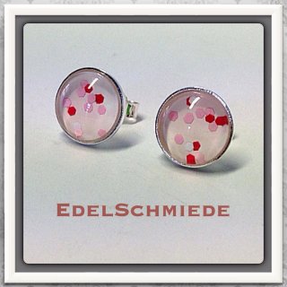 Edelschmiede925 Ohrstecker 925/-  Glascabochon 10 mm Glitter rot