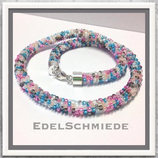Edelschmiede925 Halskette gehäkelt mit Glasperlen 925...
