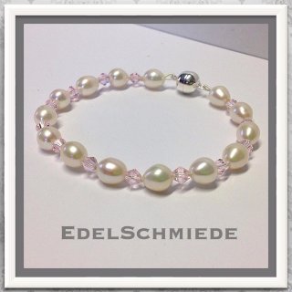 Edelschmiede925 Perlenarmband 925 Magnetschließe + rosa Kristall