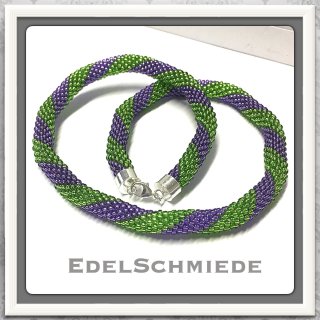 Edelschmiede925 Häkelkette aus Glasperlen grün / Lila 925 Silber