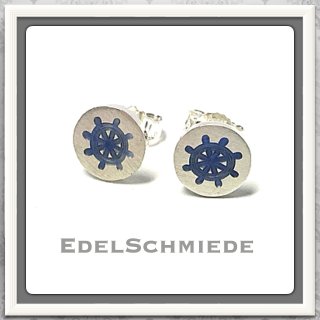 Edelschmiede925 runde Ohrstecker 925 Silber mit Steuerrad blau