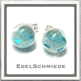 Edelschmiede925 Hohlglasperle - Ohrstecker 925 Silber Glitter Blau
