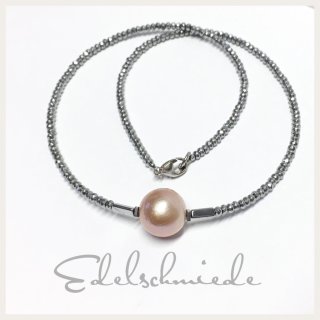 Edelschmiede925 Edelsteinkette Hämatit + echte perle rosa 925/- Silber rhod. 45 cm