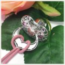 Edelschmiede925 Schnuller als Kettenanhänger in 925/- Sterling Silber rhod mit Herzen & Blumen und Geburtsuhr - rosa -