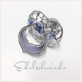 Edelschmiede925 Schnuller in 925/- Sterling Silber rhod mit Herzen und Geburtsuhr - hellblau -
