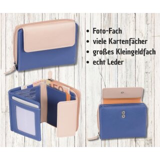 blau-beige Damenreißverschlussbörse, Leder