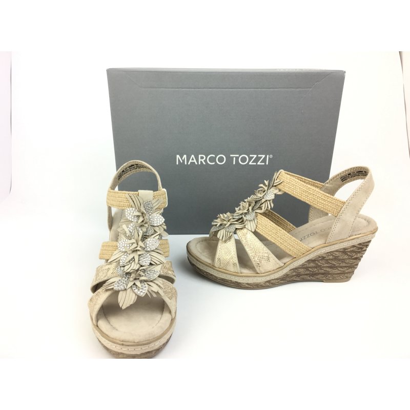 Marco Tozzi Damen Keil-Sandale beige mit Glitzerblümchen am Steg