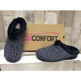 CM Confort Damen Pantoffel blau mit rosa-weißen Punkten, herausnehmbares Fußbett