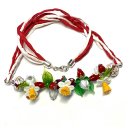 Edelschmiede925 handgefertigte Glasperlen Blüten Collier (rot/weiß) mit Seidenband und 925/- Sterling Silber 54cm