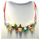 handgefertigte Glasperlen Blüten Collier (rot/weiß) mit Seidenband und 925/- Sterling Silber 54cm