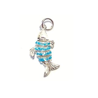 beweglicher Fisch Kettenanhänger in 925/- Silber hellbau Lack