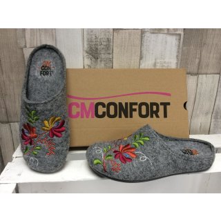 CM Confort Damen Pantoffel grau mit bunten Blumen, herausnehmbares Fußbett