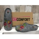 CM Confort Damen Pantoffel grau mit bunten Blumen, herausnehmbares Fußbett