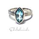 Ring 925/- Silber rhodiniert Blautopas navette matt schlicht Unikat #49