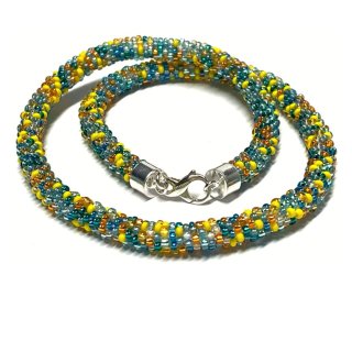 Halskette gehäkelt Glasperlen 925 Silber Schließe Handarbeit Unikatschmuck Häkelkette 48cm blau gelb