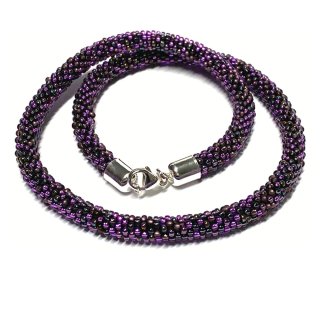 Halskette gehäkelt Glasperlen 925 Silber Schließe Handarbeit Unikatschmuck Häkelkette 51cm lila violett