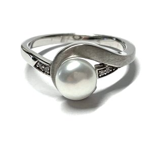 Ring 925 Silber Perle + Zirkonia rhodiniert matt schmal dezent Brautschmuck #58