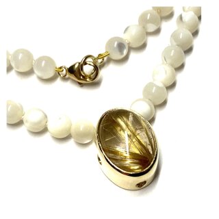 Perlmutt Collier 333/- Gold Rutilquarz Mittelteil Handarbeit Unikat geknotet 48cm
