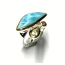 Ring 925/- Silber bicolor Larimar Cabochon freie Form + Turmalin tropfen + Diamant #60