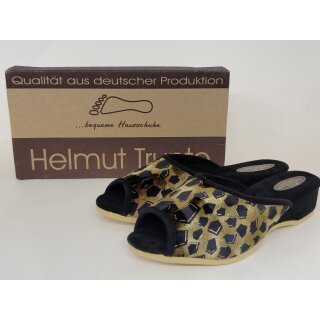 Helmut Trunte Damen Pantoffel gold-schwarz, zehenoffen, 3 cm Keilabsatz