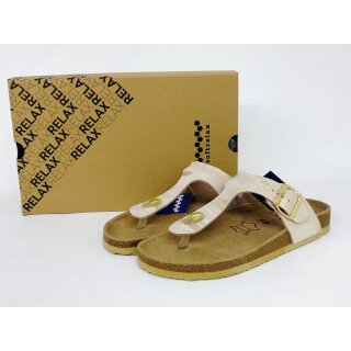 softrelax Damen Zehensteg Fußbett Pantolette beige mit Schnalle
