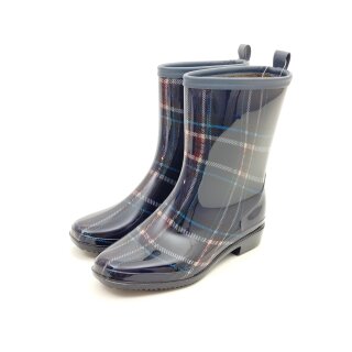 Scandi Damen Regenstiefelette dunkelblau kariert Warmfutter
